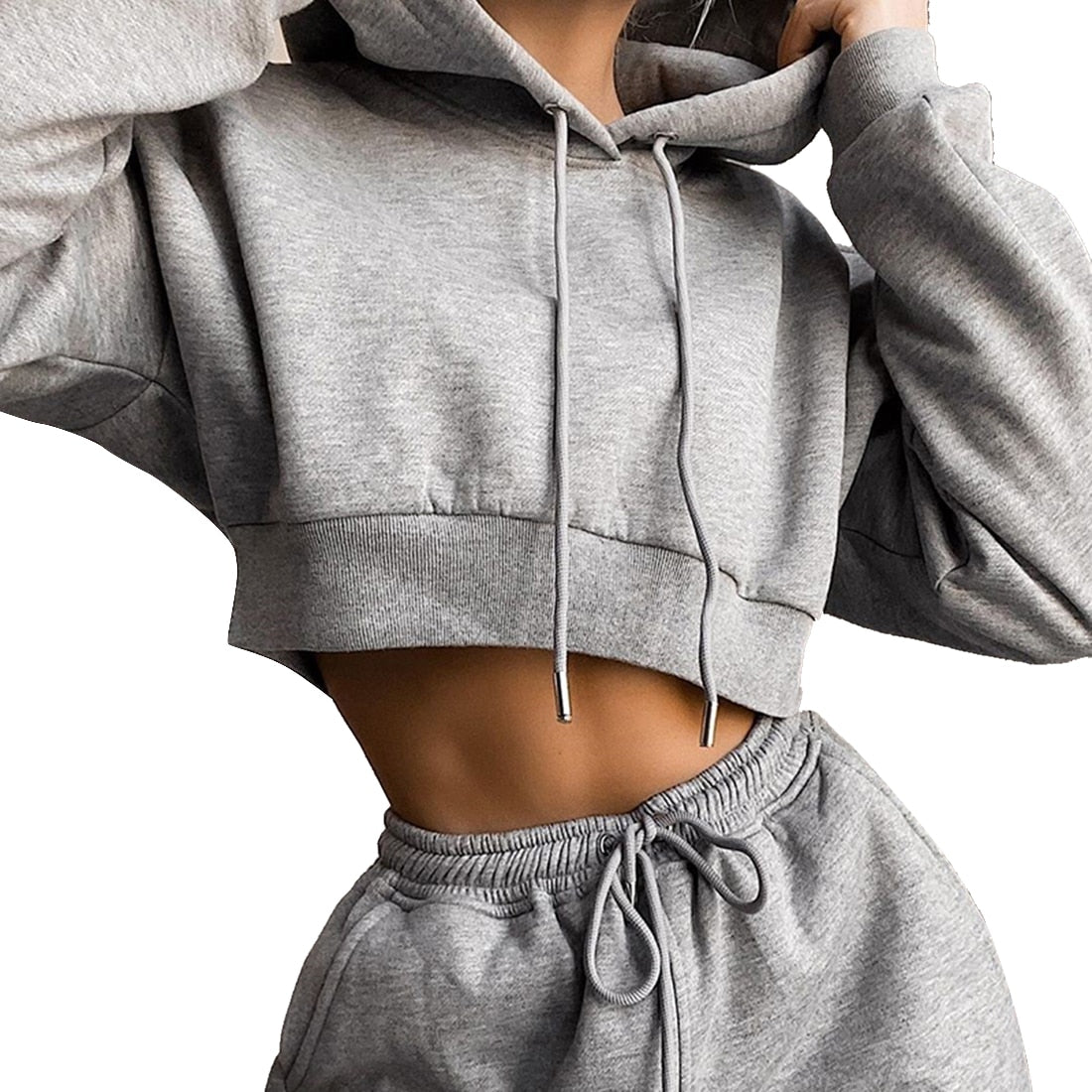 Casual Two Piece Set Hoodie Solid Color Short Tops And Long Pants Loose 2 Piece Set Women Fashion Sexy Sport Female Tracksuits