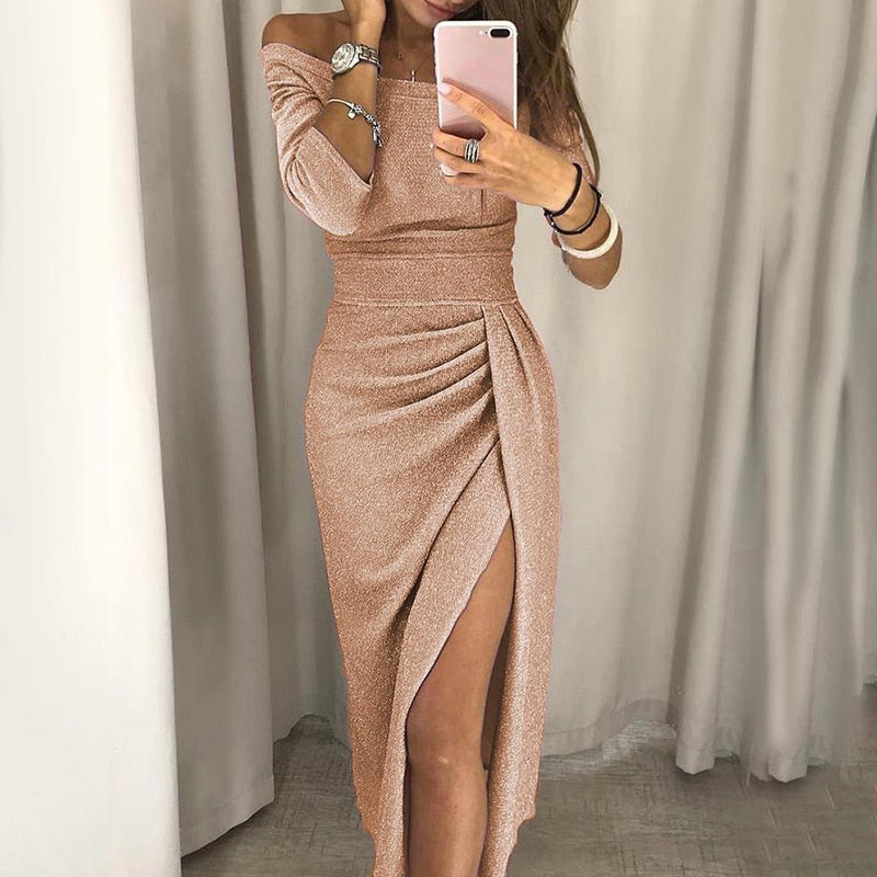 Fashion Elegant Lady Evening Party Dresses 2021 Autumn Women's Clothing Off Shoulder High Waist Sexy Club Slash Neck Midi Dress