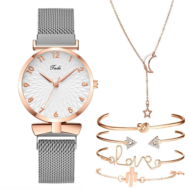 Luxury Women Watches 6pcs Set Elegant Female Wristwatches Magnetic Mesh Band Rose Woman Watch Bracelet montre femme reloj mujer