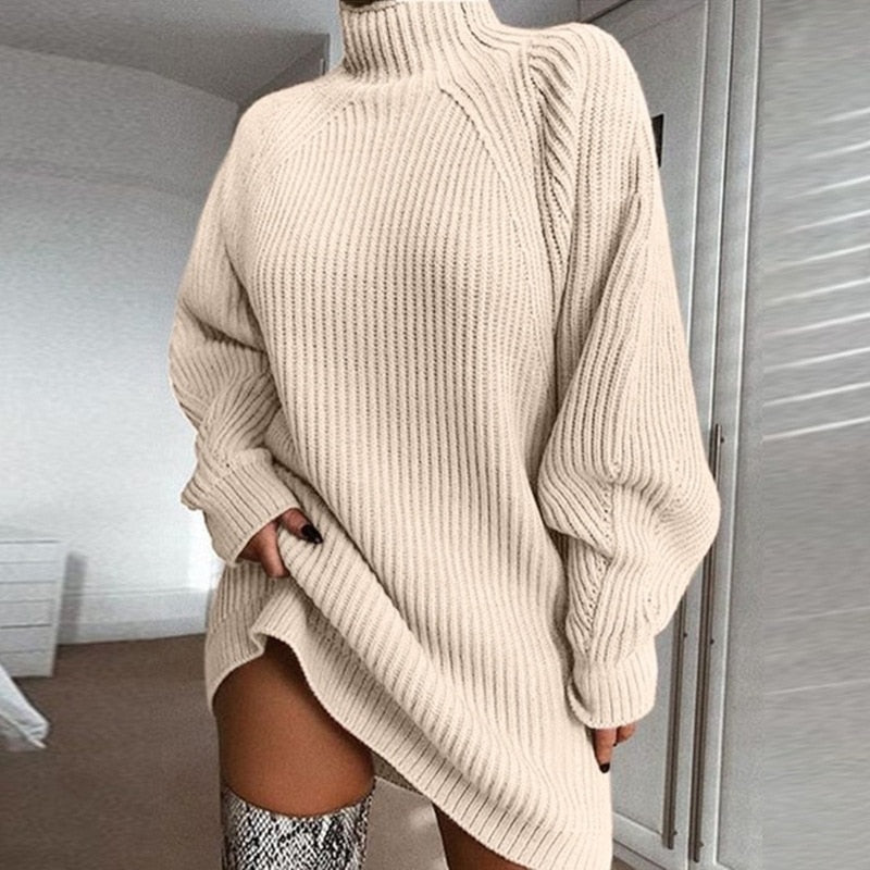 2021 Autumn and Winter New Product Knitwear Mid-length Raglan Sleeve Half Turtleneck Sweater Dress