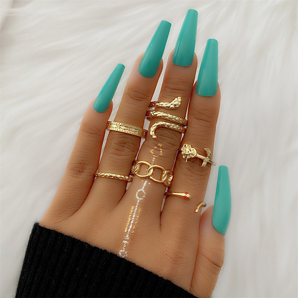 FNIO Bohemian Gold Chain Rings Set For Women Fashion Boho Coin Snake Moon Rings Party 2021 Trend Jewelry Gift