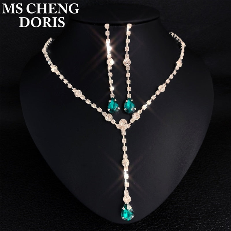 Water Drop Rhinestone Long Pendant Full Crystal Silver Plated Necklace & Earrings Elegant Bridal Wedding Jewelry Set