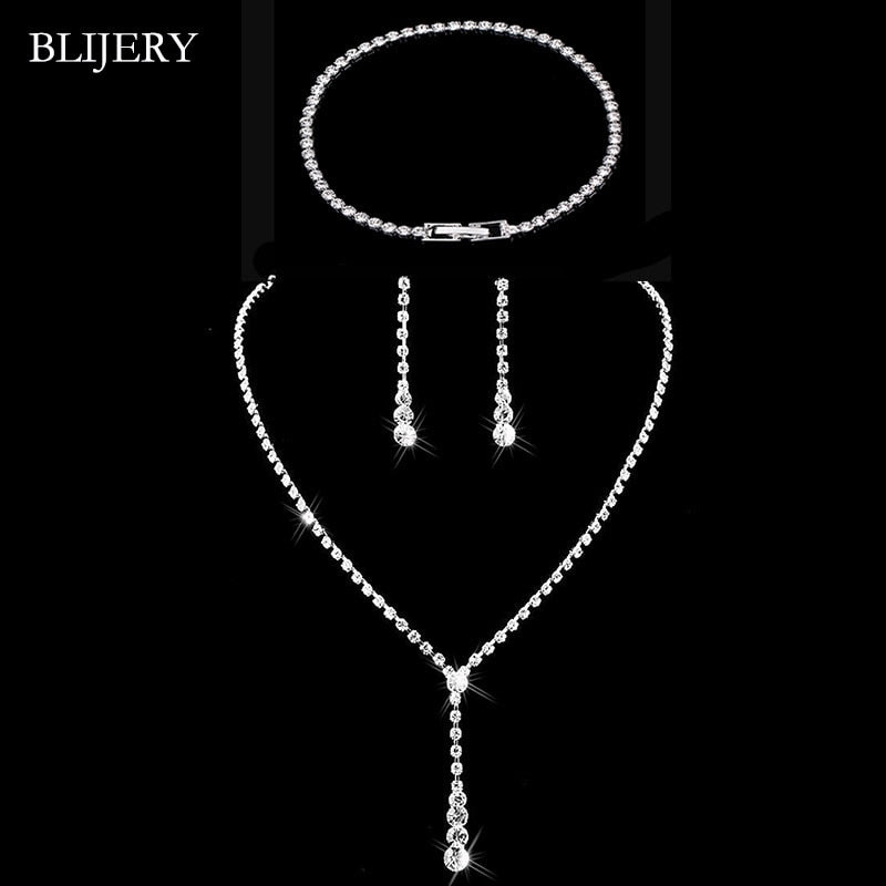 BLIJERY Fashion Crystal Bridal Jewelry Sets Silver Color Geometric Choker Necklace Earrings Bracelet Wedding Jewelry Sets