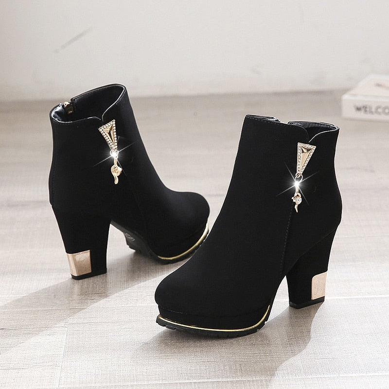 2020 new Ankle Boots Women Platform High Heels Female Side zipper Short Boot Casual Ladies velvet warm Rhinestone Botas Mujer