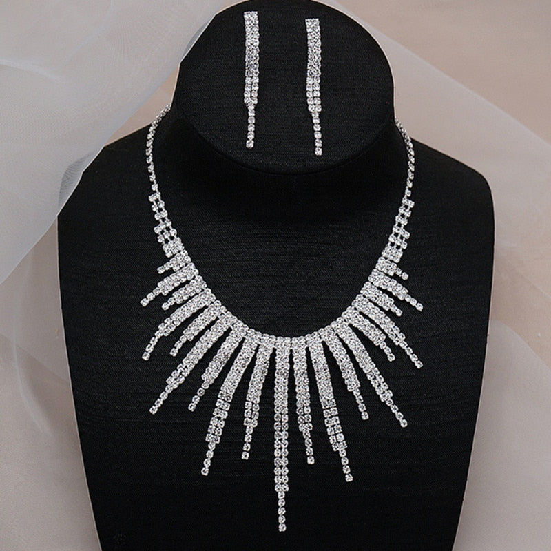 FYUAN Shine Geometric Rhinestone Necklace Earrings For Women Long Tassel Jewelry Sets Weddings Banquet Gifts