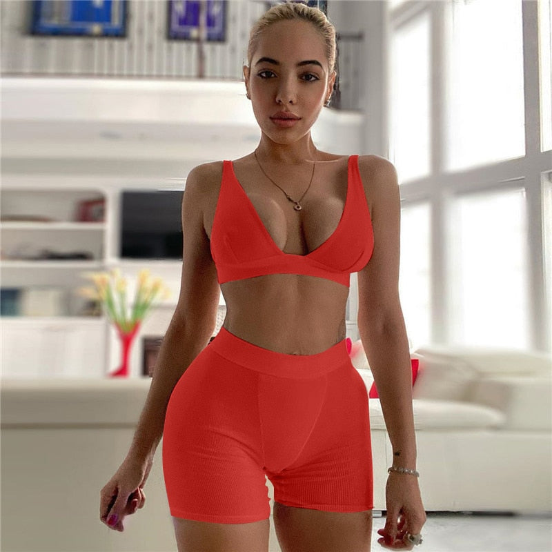 2PCS/Set Sexy Women Sleeveless Strap Bra Bustiers Tank Vest Crop Tops High Waist Shorts Pants Trousers Tracksuit Summer 2021