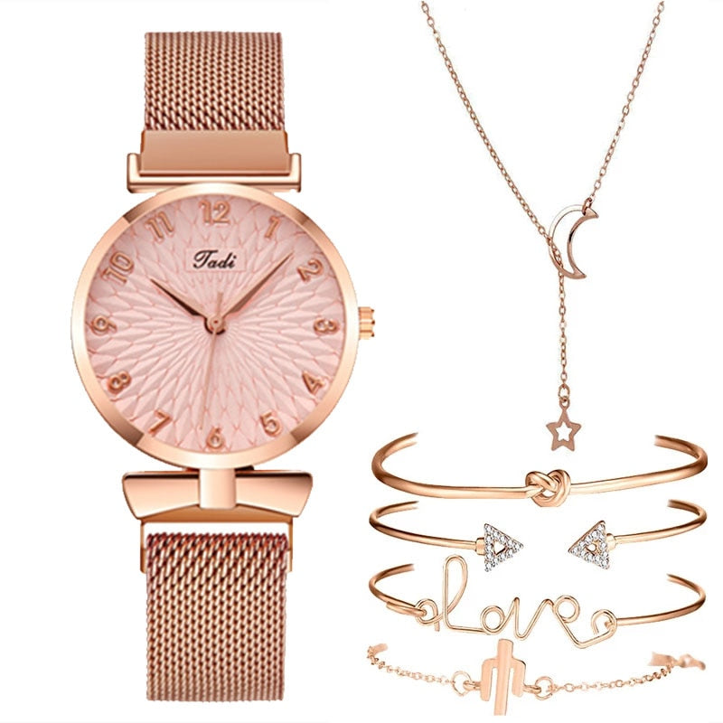 Luxury Women Watches 6pcs Set Elegant Female Wristwatches Magnetic Mesh Band Rose Woman Watch Bracelet montre femme reloj mujer