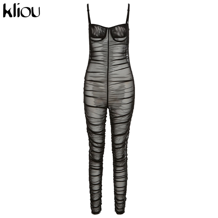 Kliou Y2K Sexy Camis Jumpsuit Women 2021 Mesh Solid Sleeveless Pleated Overall Female Skinny Party Clubwear Summer One Piece