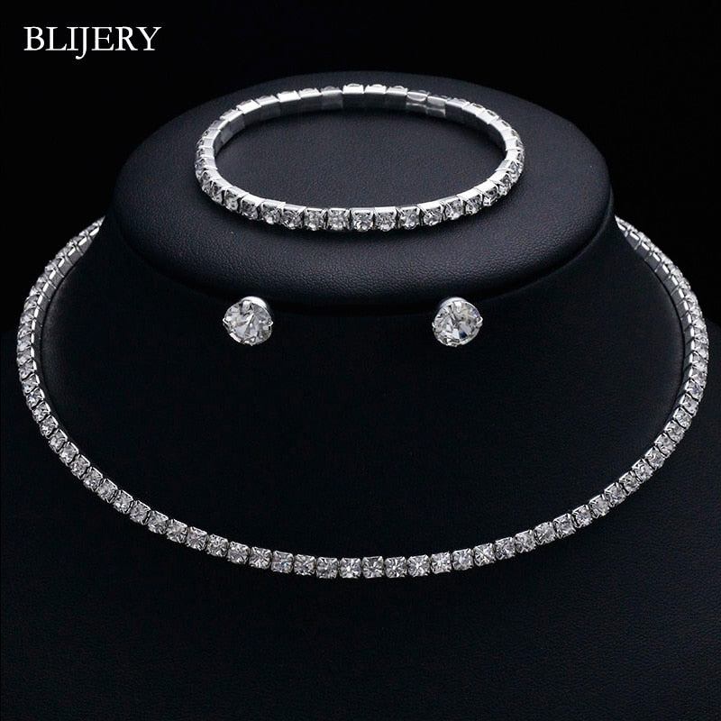 BLIJERY Fashion Crystal Bridal Jewelry Sets Silver Color Geometric Choker Necklace Earrings Bracelet Wedding Jewelry Sets