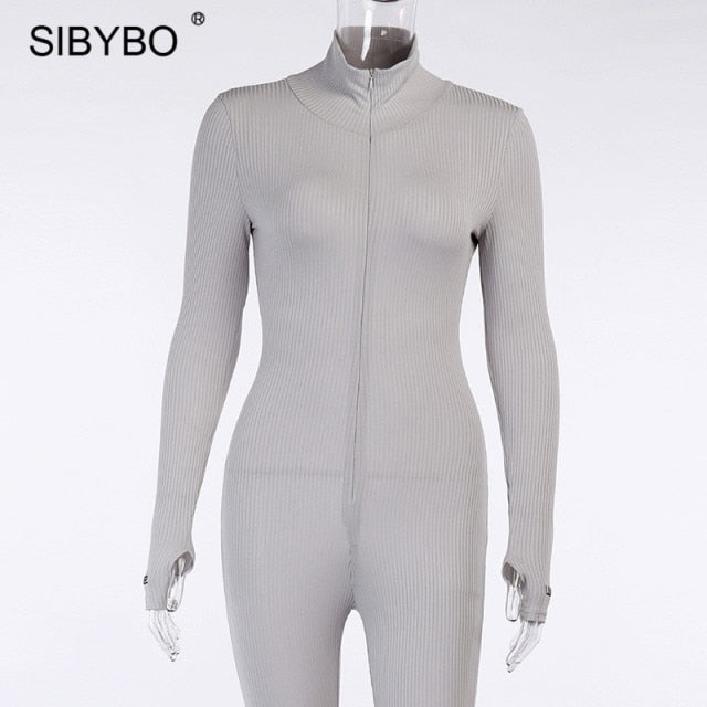 Sibybo Ribbed Turtleneck Sport Wear Casual Jumpsuit Women Letter Embroidery Skinny Sexy Playsuit Female Fitness Rompers Overalls